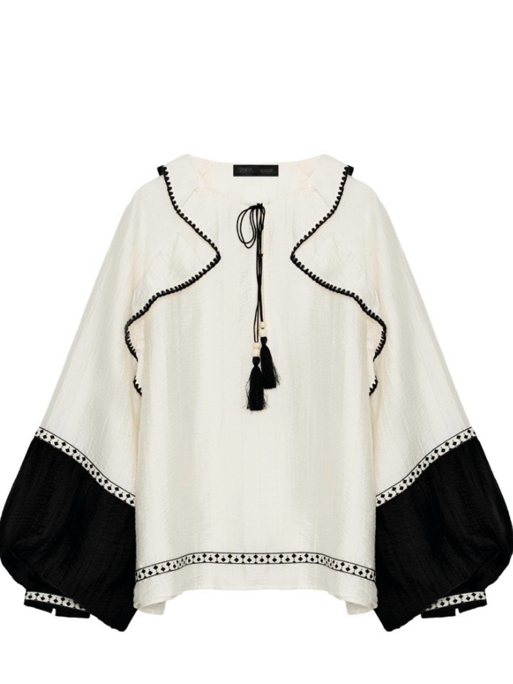 NWT Zara Ruffle Boho Tassel Tie Ivory and Black Peasant Blouse Size S